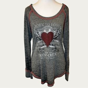Blue 84 Gray Long‎ Sleeve with Red Jeweled Heart Design Size Medium 90’s/Y2k